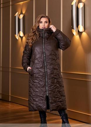 Пальто женское стеганое длинное, теплое, с капюшоном, батал, большие размеры, шоколадное3 фото