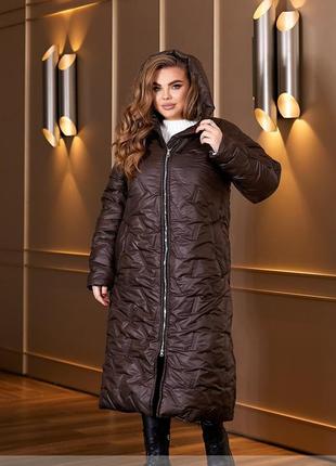 Пальто женское стеганое длинное, теплое, с капюшоном, батал, большие размеры, шоколадное2 фото