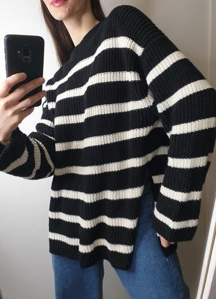 Качественный хлопковый свитер в полоску полосатый вязаный джемпер удлиненный с разрезами4 фото