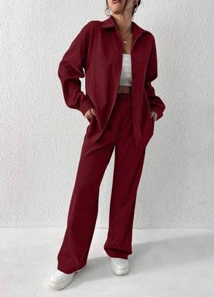 Стильний жіночий вельветовий костюм діловий комплект широкі штани і сорочка на ґудзиках3 фото