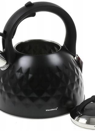 Чайник klausberg 3 л нержавеющая сталь, свисток, черный, kb-75502 фото