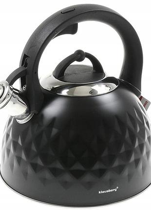 Чайник klausberg 3 л нержавіюча сталь, свисток, чорний, kb-7550