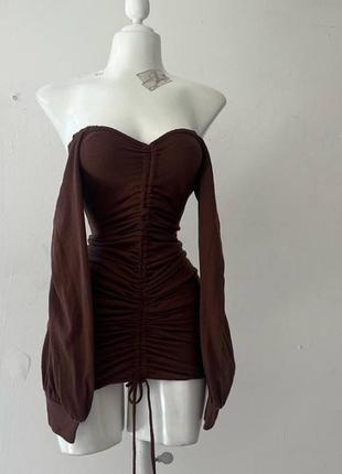 Платье короткое однонтонное на длинный рукав приталенное качественная стильная трендовая туречевая шоколад