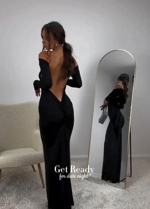 Платье макси однонтонное на длинный рукав приталено с открытой спиной качественная трендовая черная7 фото