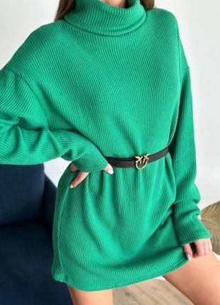 Вязаный свитер оверсайз свободного кроя с высоким воротником под горло туника удлиненный стильный трендовый базовый черный зеленый5 фото