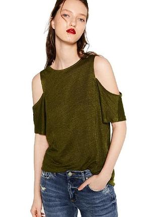 Zara оригінал! крута бавовняний футболка блуза з відкритими плічками з лєна 100% льон колір
