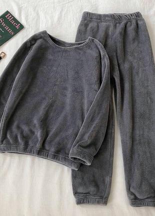 Костюм жіночий домашній теплий однотонний оверсайз кофта штани на високій посадці якісний стильний сірий