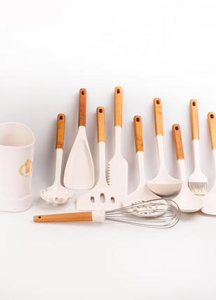 Набор кухонных принадлежностей на подставке 12 штук с бамбуковой ручкой, белый2 фото
