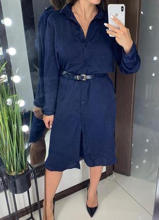 👗обворожительное тёмно синее платье миди/лёгкое платье-рубашка с поясом/деловое платье👗