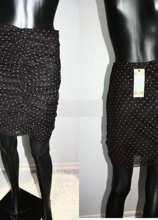 Стильная черная шифон юбка с драпировкой в горошек м,46