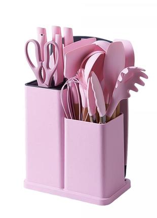 Набір кухонного приладдя на підставці 19 штук із силікону з бамбуковою ручкою, рожевий3 фото