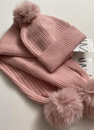 Розовый набор/комплект шапка/шапочка с меховым бубоном/помпоном и шарф на девочку 1-3 года зара/zara2 фото