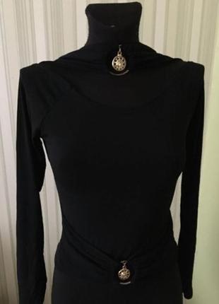 Стильная черная кофта гольф в обтяжку с чекером, водопадом,декором s турция