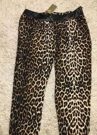 Стильные леопардовые с кожаным эластичные стрейчевые брюки лосины м, 46 турция