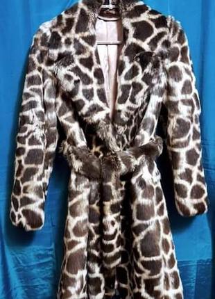 Шуба из натурального меха фасон халат с поясом ягуар леопард принт1 фото