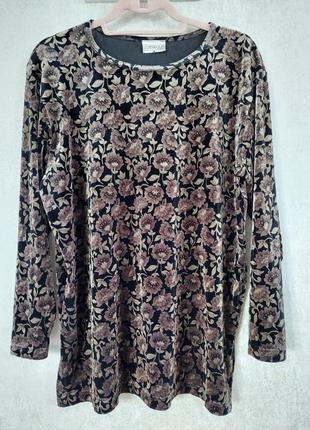 Велюровая чёрная кофточка в цветочный принт🔹длинный рукав cotswold collections(размер 40)
