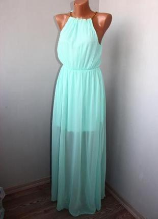 Стильное эффектное длинное шифоновое мятное ментоловое платье в пол s1 фото
