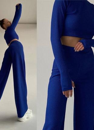 Костюм женский однонтонный топ на длинный рукав штаны свободного кроя на высокой посадке качественный стильный синий3 фото