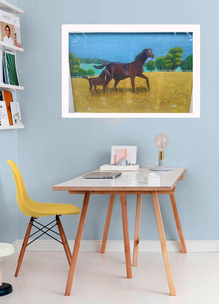 Картина интерьерная патриотическая лошади конь жеребенка сельхвой пейзаж конь и жеребенок в рамке с рамой сине желтого цвета голубой