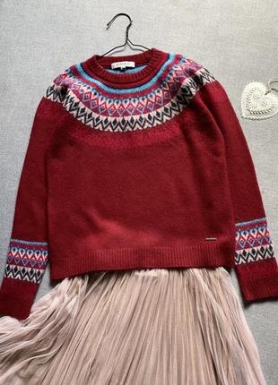 Изумительный, тёплый, мягкий, свитер, quba&co, шерсть, бордовый, узор, кокетка,1 фото