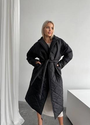 Теплое стеганное пальто оверсайз на синтепоне меди с поясом свободного прямого кроя с карманами2 фото