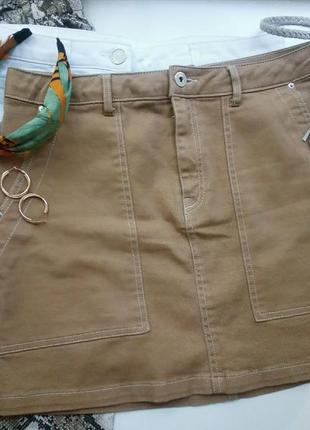 Джинсовая юбка хлопок с поясом карго сафари беж с карманами высокая посадка8 фото