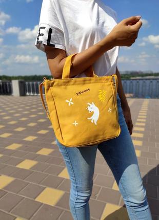 Жіноча текстильна сумка-шоппер жовта з принтом котика2 фото