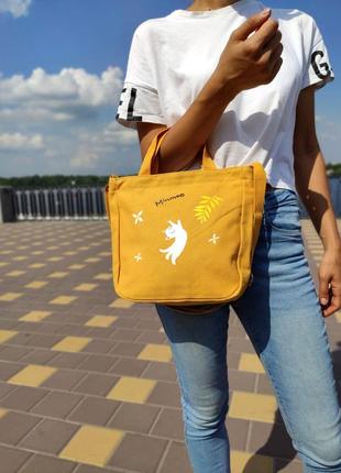 Женская текстильная сумка-шоппер желтая  с принтом котика