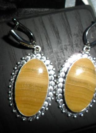 Крупні сережки з натуральним жовтим смугастим кальцитом, натуральний камінь, сріблення, індія
