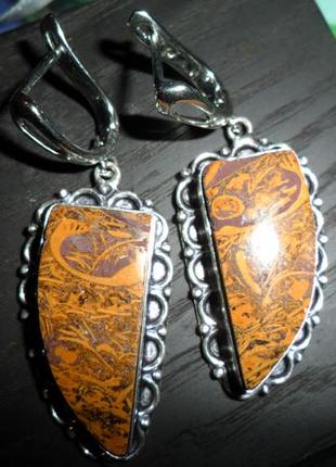 Незвичайні сережки з натуральною яшмою маріам, натуральний камінь, сріблення, індія