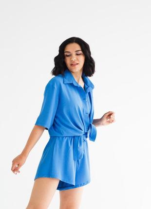 Жіночий літній костюм двійка шорти та сорочка тканина жатка синього кольору3 фото