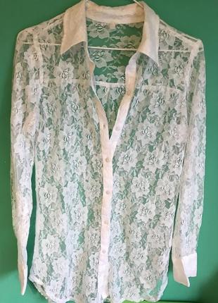 Белая кружевная блуза с длинным рукавом