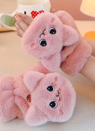 Женские перчатки с полупальцами котик розовый