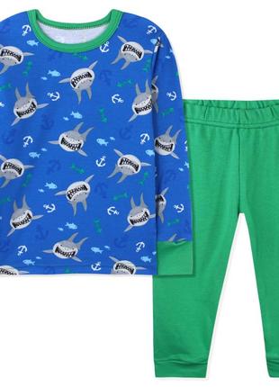 Пижама для мальчика, зеленая. хищные акулы.