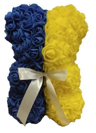 Ведмедик із троянд із серцем 25 см синьо жовтий