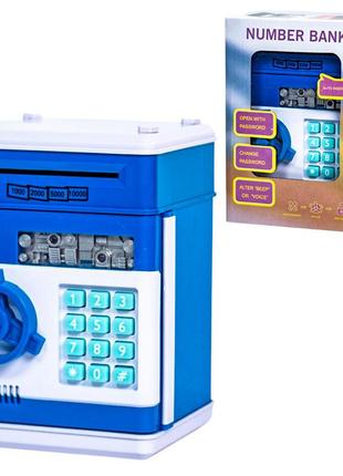 Копилка детский сейф с кодовым замком и купюроприемником для бумажных денег и монет. синий тм7 фото