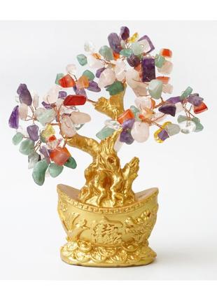 Дерево счастья из разноцветного камня в чаше изобилия (h-18 см), сувенир для дома, денежное дерево с камнями