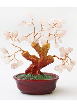 Дерево счастья из камня розовый кварц (h-14 см), сувенир для дома, денежное дерево с камнями