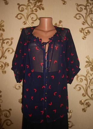 Легкая блуза с рукавами буфами в принт "птицы" - 50-48 р1 фото