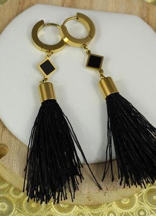 Серьги подвески xuping jewelry ромбик с черными нитками 7,5 см лимонные2 фото
