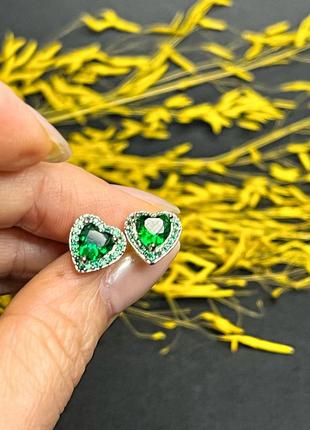 Сережки-пусети сердечки пандора зелені7 фото