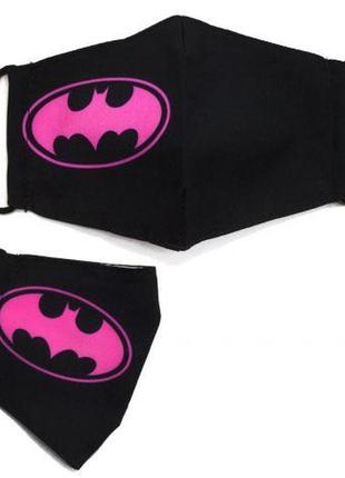 Многоразовая 4-х слойная защитная маска "бэтмен" размер 3, 7-14 лет, черно-розовая