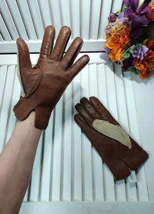 Перчатки натуральная кожа коричневые верх вязаные крючком