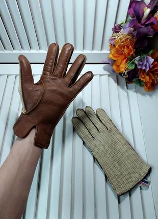 Перчатки натуральная кожа коричневые верх вязаные крючком