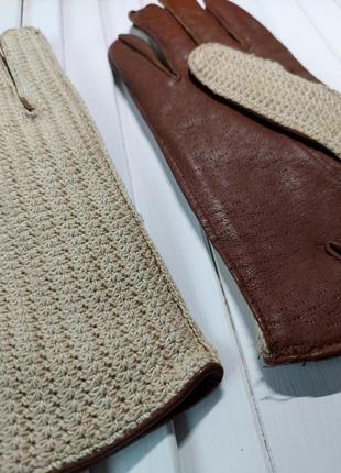 Перчатки натуральная кожа коричневые верх вязаные крючком