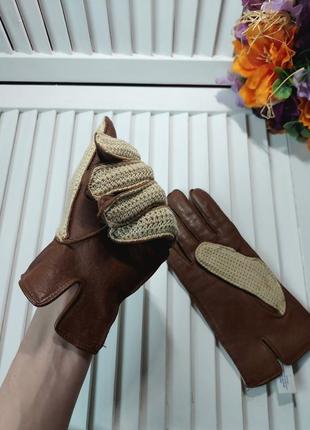 Перчатки натуральная кожа коричневые верх вязаные крючком