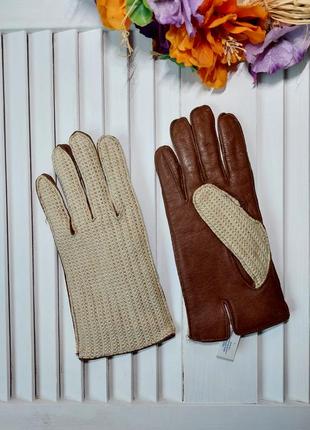 Перчатки натуральная кожа коричневые верх вязаные крючком