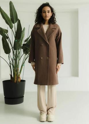Якісне кашемірове пальто весна/осінь двобортне прямого крою з поясом 42-52 розміри різні кольори коричневе