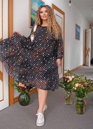 Платье миди батал трехярусное свободное с воланами вырез круглый рукав длинный на резинке ткань шифон