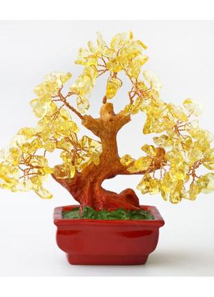 Дерево счастья из камня цитрин (h-16 см), сувенир для дома, денежное дерево с камнями